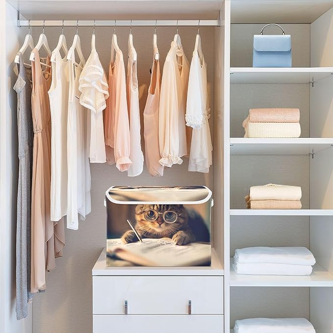 AIXIWAWA Lidded Storage Cube (Cat Reading) Fabric Foldable Closet Bins with Flip Lid and Handles Organizer Basket Container 16.5 x 12.6 x 11.8 IN