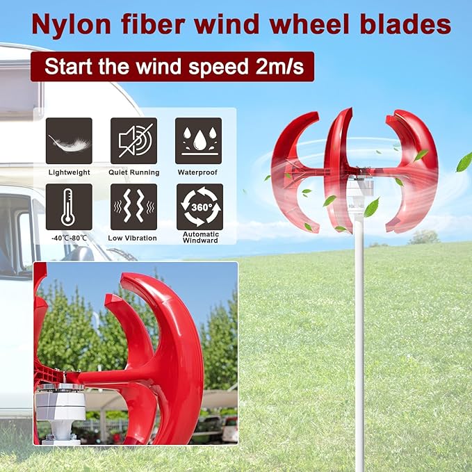 1000W 12V/24V Vertical Wind Turbine Generator Kit Low Noise Wind Power System High-Efficiency Windmill with Permanent Magnet Alternator Nylon Fiber Blades for Home Use Red