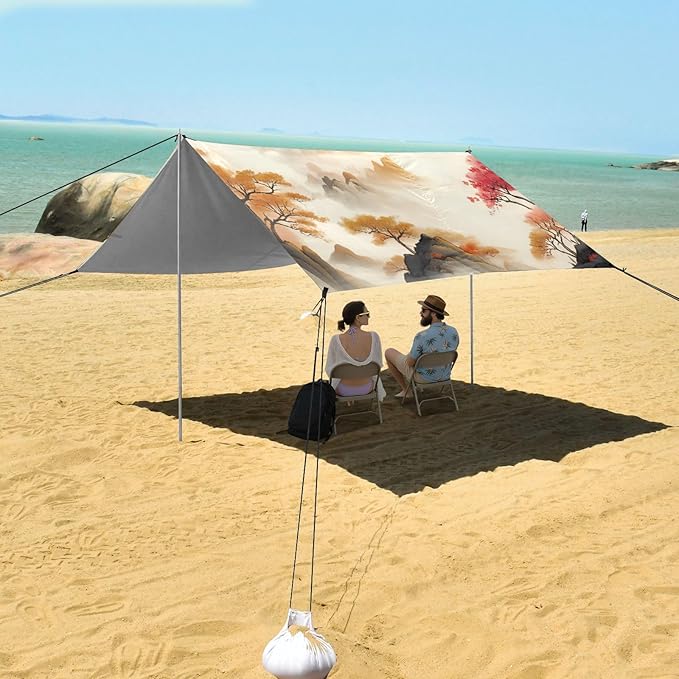 Beach Canopy with Windproof Ropes &amp Sandbags Beach Tent Sun Shade Sun Shelter for Camping Trips Fishing Backyard Fun or Picnics Landscape