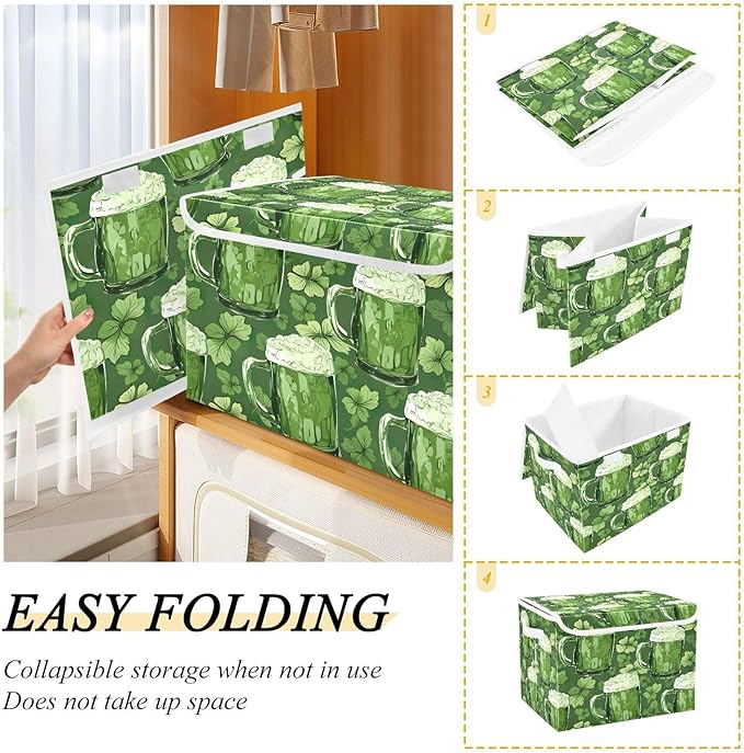 Christmas Storage Baskets with Lids Beer Glasses and Shamrocks (3) Collapsible Bins Stackable Fabric Linen Baskets Closet Organizer Container 16.5x12.6x11.8