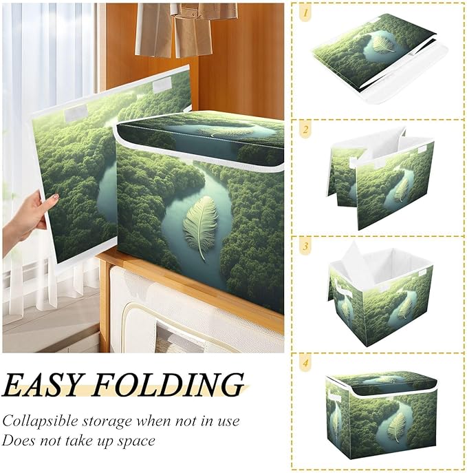 Storage Cube with Lid Huge Feather Print 16.5×12.6×11.8 IN Collapsible Large Capacity Foldable Storage Basket Bin Organizer