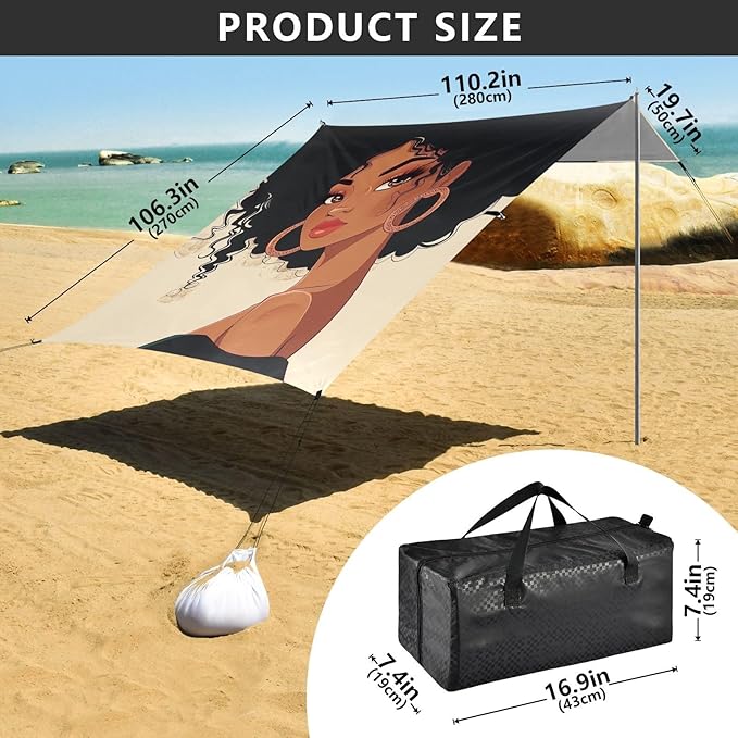 ALAZA Beautiful Black Afro Woman with Earing Beach Tent Sun Shelter Portable Canopy Sunshade for Outdoor Camping Picnics Backyard Fun 10x9 ft