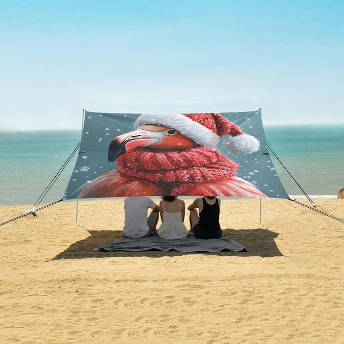 ALAZA Christmas Flamingo Beach Tent Sun Shelter UPF50+ Protection Beach Shade Canopy w/ 4 Sandbags for Outdoor Camping Fishing Backyard Fun Picnic 10x9 ft