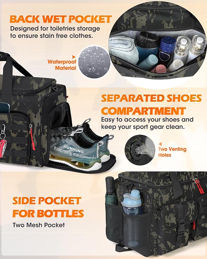 RAINSMORE Gym Bag for Men 45L Sports Travel Duffel Bag with Shoe &amp Laptop Compartment Gym Workout Backpack Carry On Weekender Bag Overnight Backpack for Travel Green Camo