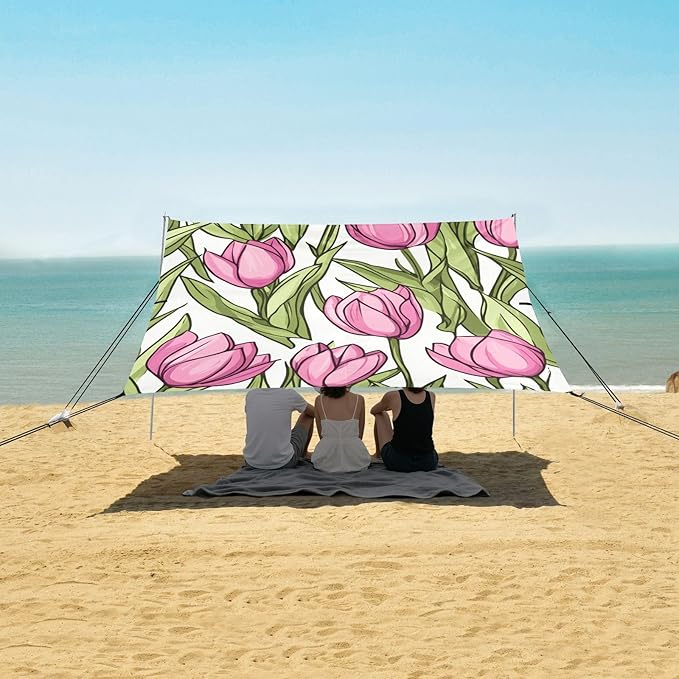 ALAZA Cute Doodle Spring Pink Tulips Beach Tent Sun Shelter Portable Canopy Sunshade for Outdoor Camping Picnics Backyard Fun 10x9 ft