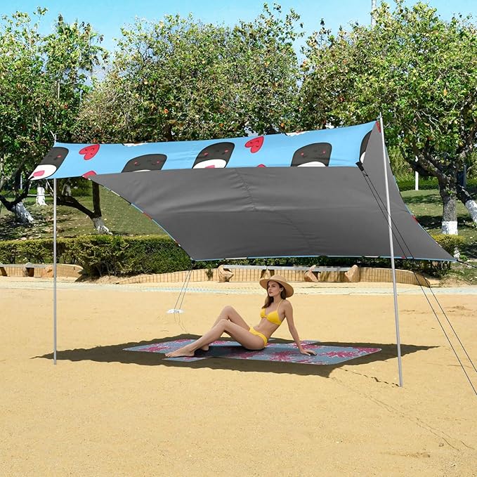 xigua Sushi Beach Tent Sun Shelter with Carrying Bag - Silver Coated Oxford Fabric Beach Canopy for Beach Camping Fishing - Includes Windproof Ropes Sandbags &amp Stakes