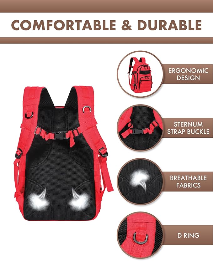 TRAILKICKER Military Tactical Backpack for Men 35L Tactical Laptop Backpack Tactical Bag Bug Out Bag Army 3 Days Assault Pack - Red