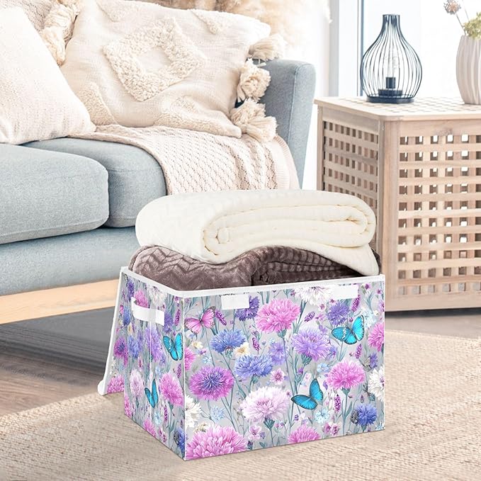 Grey Pink Corflower Butterfly Storage Box with Lid 1 PC Foldable Storage Bin with Lids Stackable Storage Bins Cube Closet Organizer Basket with Flip-Top Lid &amp Handles for Shoes Books Towels