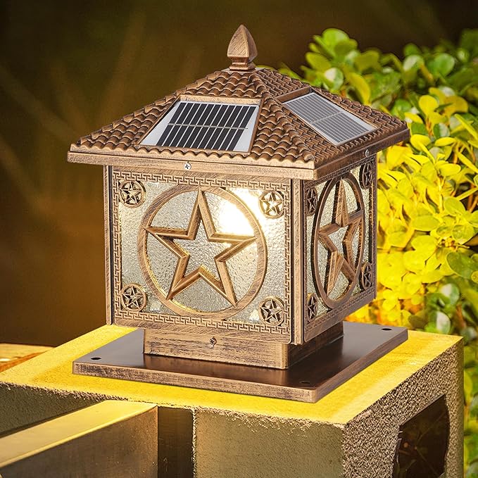 SLAWA Outdoor Solar Post Cap Light 9.8In Bronze Column Lights Square Waterproof Landscape Lighting with Remote Pillar Lamps Fence Deck Cap Light Solar Power Lantern Porch Mailbox Lawn Porch Fixture