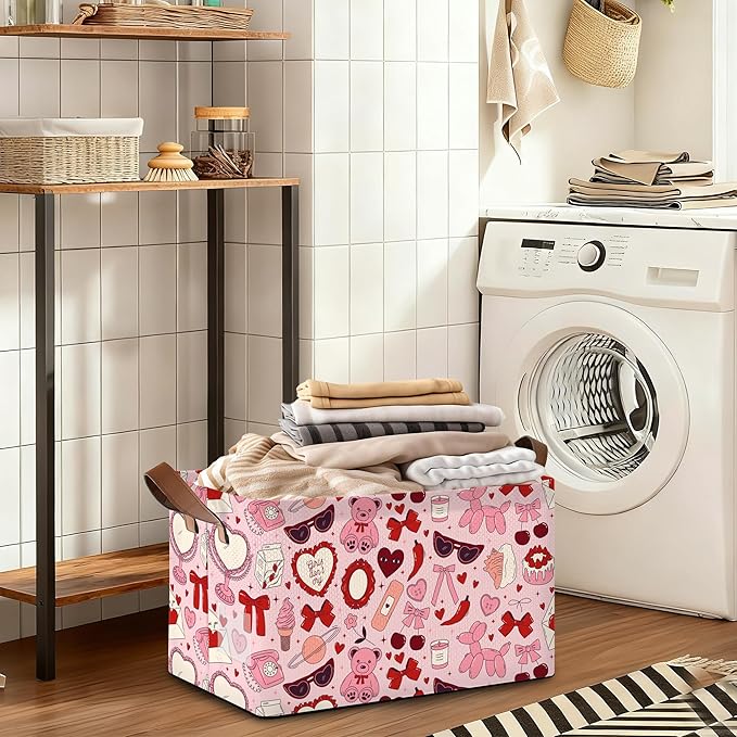 Storage Bin with Handles Pink Bowknot Collapsible Laundry Baskets for Books Laundry - Use in Nursery Closet Organizers and Storage Blanket Basket