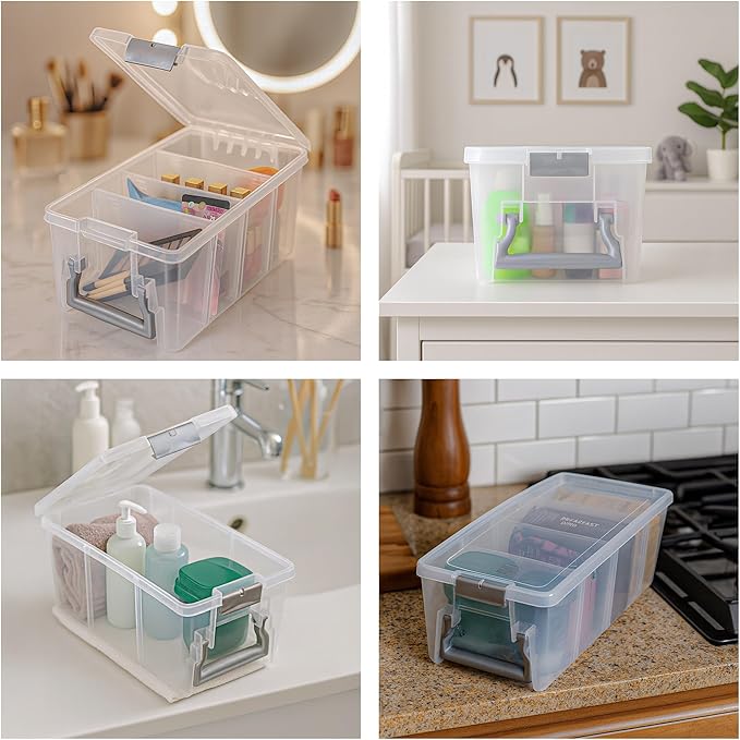Best Kept Semi Satchel with Removable Dividers Stackable Home Storage Organization Container Clear with Sliver Latches and Handle
