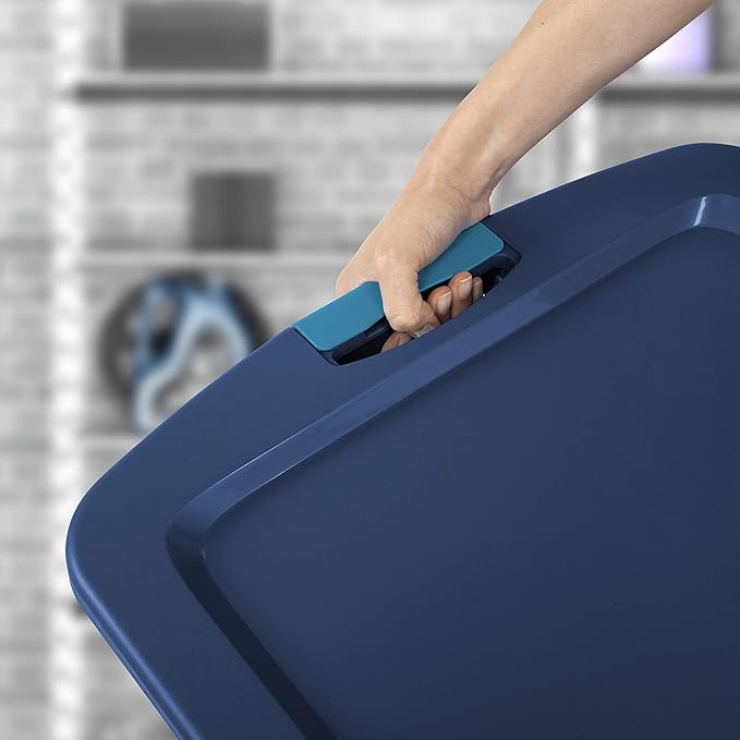 Sterilite 12 Gal Latch and Carry Stackable Storage Bin with Latching Lid Plastic Tote Container to Organize Closets Blue with Blue Lid 6-Pack