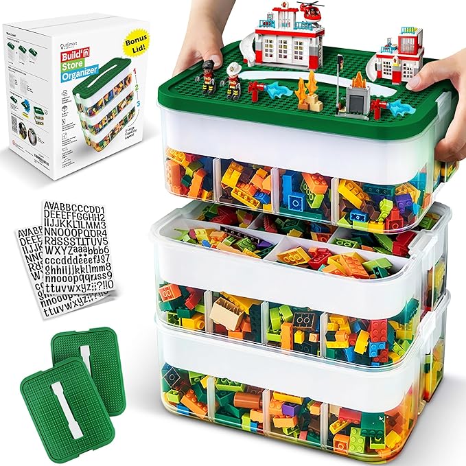 Stackable Toy Storage Organizer Bin for Lego Building Bricks Dolls and Crafts Organization Build on the Lid 3 Layer Adjustable Compartments Includes ABC Stickers and 2 Box Lids