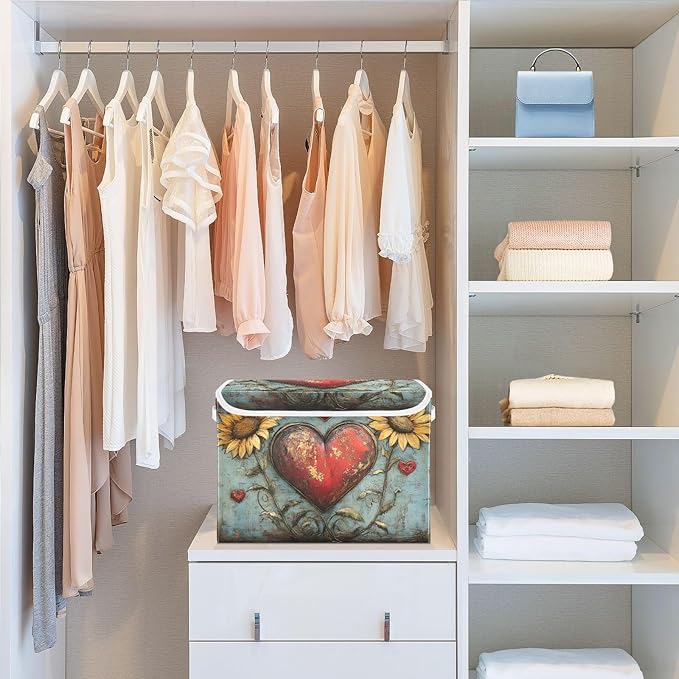 AIXIWAWA Lidded Storage Cube (Vintage Heart Valentine) Fabric Foldable Closet Bins with Flip Lid and Handles Organizer Basket Container 16.5 x 12.6 x 11.8 IN