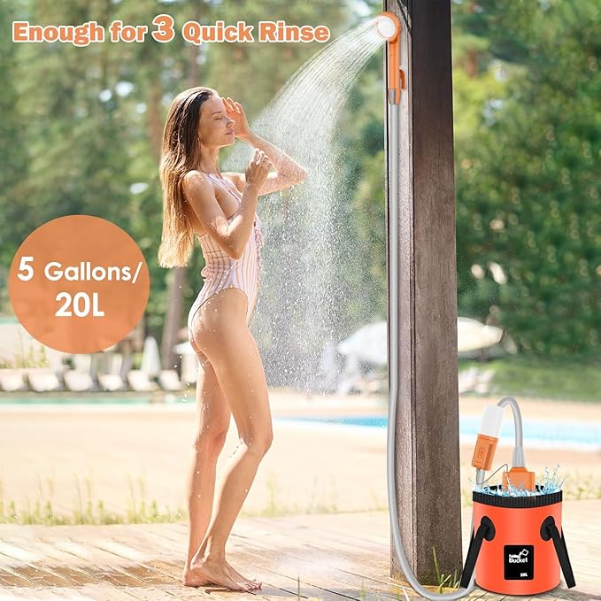 Cosy Life Portable Shower for Camping Rechargeable Camping Shower Pump with 5 Gallons Collapsible Bucket &amp LED Light Electric Outdoor Camp Shower Portable Shower Pump Camping Hiking (5.9 ft Hose