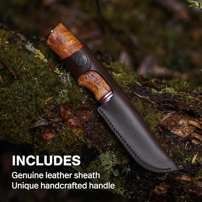 HELLE Knives - Futura - Outdoor Adventure Camping Knife with Sheath Triple Laminated Stainless Steel Fixed Blade Curly Birch Handle Made in Norway