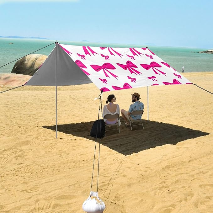 xigua Bow Tie Beach Tent Sun Shelter with Carrying Bag - Silver Coated Oxford Fabric Beach Canopy for Beach Camping Fishing - Includes Windproof Ropes Sandbags &amp Stakes