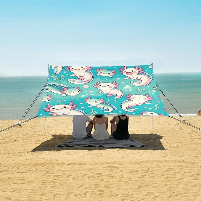 Cute Axolotl Pattern Beach Tent Sun Shelter Set UPF50+ UV Protection 10.5 x 9.19 FT Camping Shade Canopy with Sandbags Sand Anchors Carrying Bag and Others