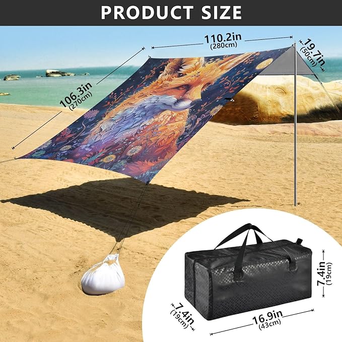 ALAZA Fox Flower Moon Beach Tent Sun Shelter Portable Canopy Sunshade for Outdoor Camping Picnics Backyard Fun 10x9 ft