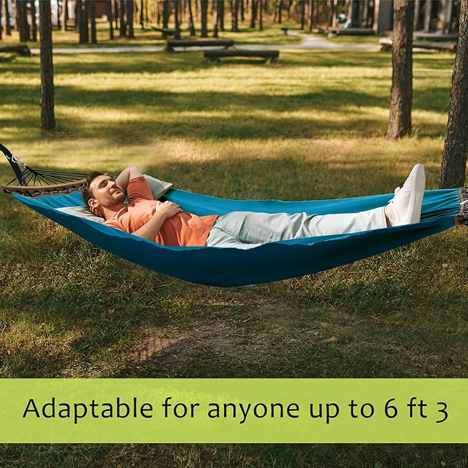 Tranquillo Double Hammock 2 Persons Cotton Canvas 600 lbs Portable Camping Hammock with Solid Wood Spreader Bar Hammock for Camping Portable Relaxation Gear for Camping Patio Garden Blue
