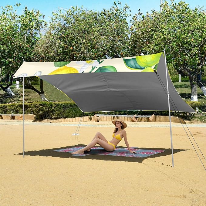 Beach Canopy with Windproof Ropes &amp Sandbags Beach Tent Sun Shade Sun Shelter for Camping Trips Fishing Backyard Fun or Picnics Lemon