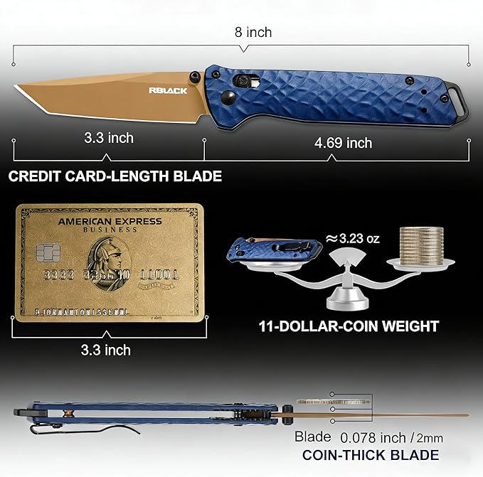 RBLACK 3.3 Tanto EDC Tactical Folding Knife with CPM S35VN Steel &amp Aluminum Handle Featuring Robust Axis Lock Reversible Clip for Everyday Carry - Ideal Gift for Men and Women Royal Blue