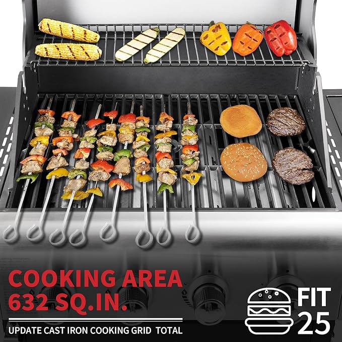 Kendane 4-Burner Propane Gas BBQ Grill with Side Burner Barbecue Gas Grill with Enameled Cast Iron Grates for Outdoor Patio Garden Barbecue 53000 BTU Stainless Steel Grill Cover included