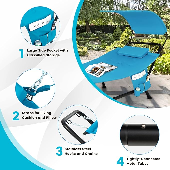 Tangkula Hammock with Stand Included Heavy Duty Outdoor Hammock with Adjustable Canopy Rustproof Metal Stand Pillow Storage Pocket Hammock Bed with Stand for Backyard Lawn Poolside (Blue)