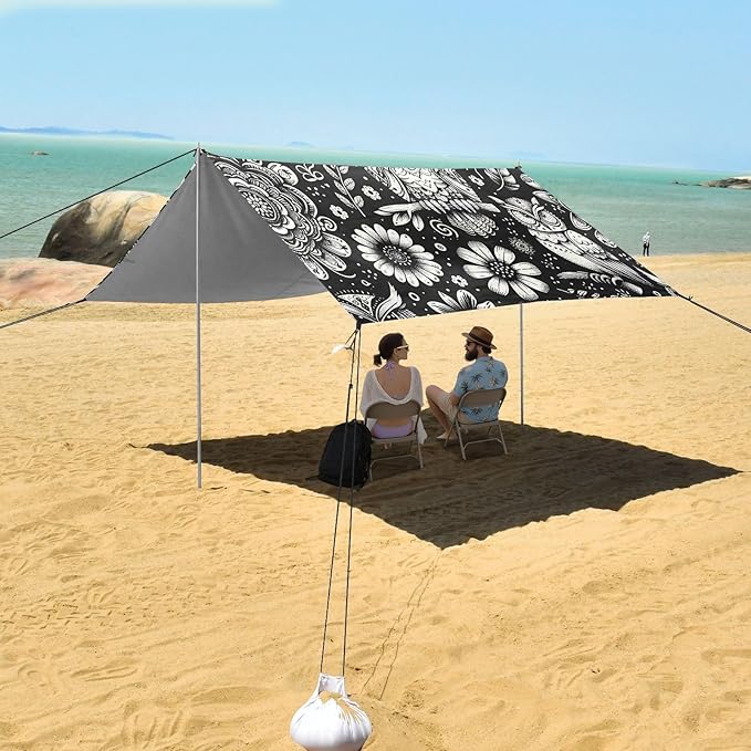 Gray Owls and Flowers Beach Tent Sun Shelter Set UPF50+ UV Protection 10.5 x 9.19 FT Camping Shade Canopy with Sandbags Sand Anchors Carrying Bag and Others