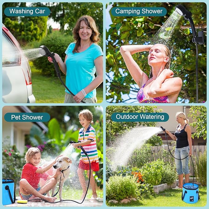 Portable Shower for Camping with 20L / 5.28 Gallons Foldable Bucket 7800mAh Rechargeable Shower Pump Outdoor Shower Kit with Digital Display for Hiking Travel Car Pet