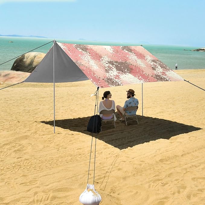 xigua Textured Pattern Beach Tent Sun Shelter with Carrying Bag - Silver Coated Oxford Fabric Beach Canopy for Beach Camping Fishing - Includes Windproof Ropes Sandbags &amp Stakes