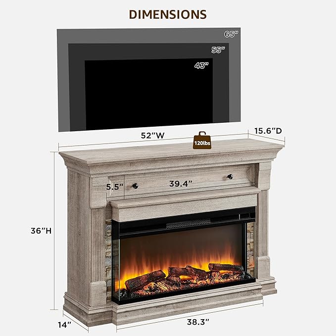 OKD 52 Inch Electric Fireplace with Mantel Fireplace TV Stand with 36 3-Sided Glass Electric Fireplace Heater for Living Room (Light Rustic Oak)