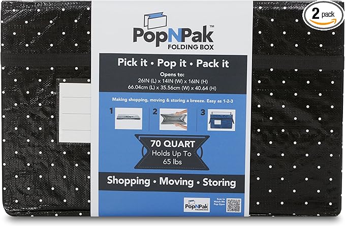 2 Pack - Pop N Pak Collapsible Storage Box Black 70 Quart Capacity 26x14x16 Inches Folding Design (Polka Dots)