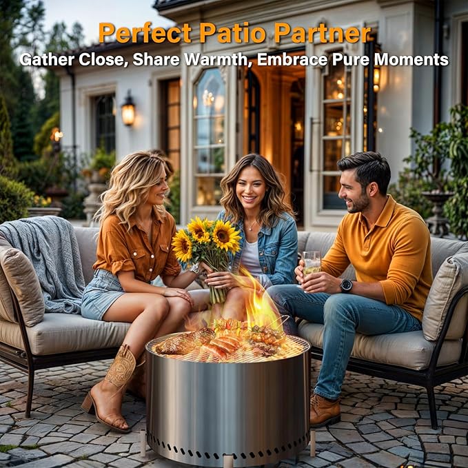 HGD 28 Smokeless Firepit with Stand &amp Grill Rack Large Stainless Steel Wood Burning Fire Pit for Friends &amp Family Gatherings Secondary Combustion Outdoor Patio Stove for Garden BBQ &amp Bo