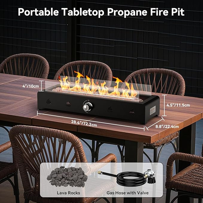 Onlyfire 28'' Tabletop Fire Pit Table Propane Gas Firepit Bottom Mounted for Table with Umbrella Hole Glass Wind Guard and Lava Rock Outdoor Rectangular Smokeless Fireplace