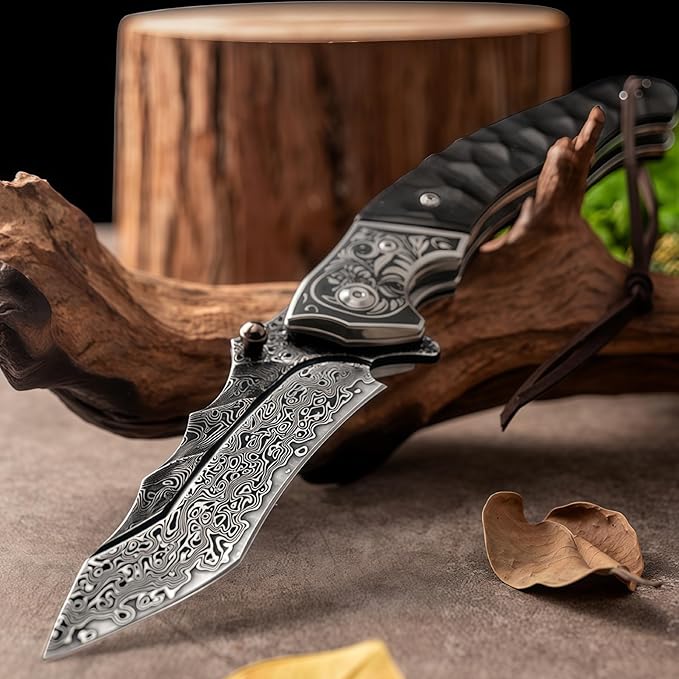 Damascus Steel Folding Knife Personalized Engraving Outdoor Gear Damascus Hunting Knife with Leather Sheath HRC 60 Knives Men Gifts Gifts for Hunters Men who have Everything