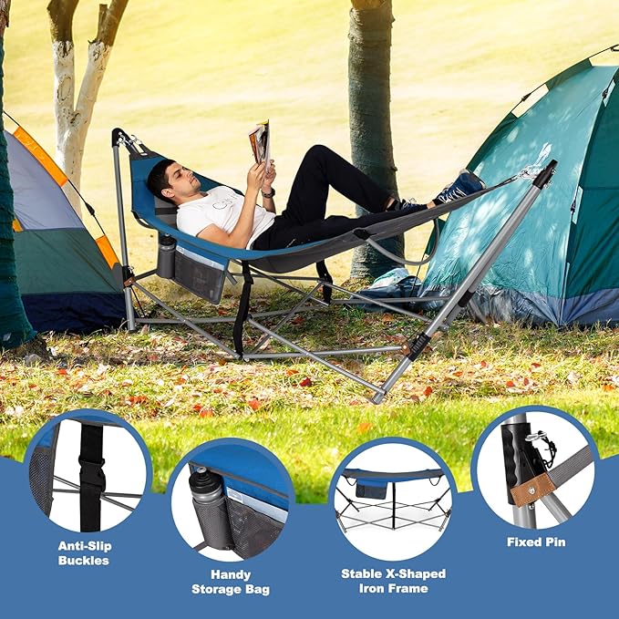 Portable Folding Hammock w/Side Pocket Lounge Camping Bed w/Metal Stand &amp Anti-tip Buckles Outdoor Camping Hammock with Carrying Bag for Patio Garden Yard Easy Assembly (Blue)