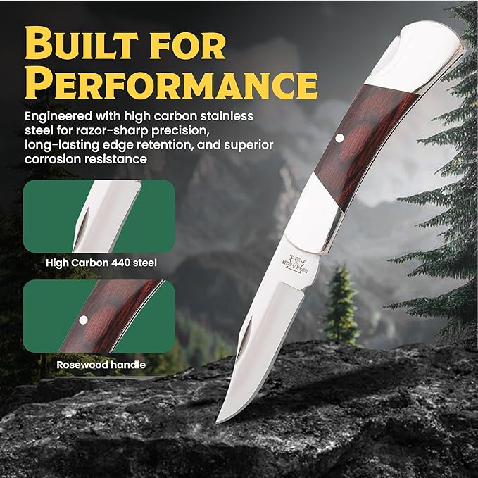Bear &amp Son Small Folding Pocket Knife – 2.25 Clip Point Blade 440 Stainless Steel | EDC Knife with Rosewood Handle &amp Nickel Silver Bolsters | Manual Lockback for Everyday Carry Camping &amp