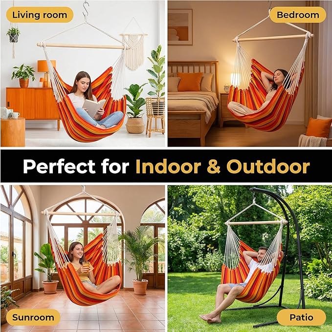 ADVOKAIR Hammock Chair Swing Heavy-Duty Hanging Rope Swing Seat Supports 500 Lbs Ideal for Outdoor Patio Backyard Porch Deck &amp Indoor Bedroom Use