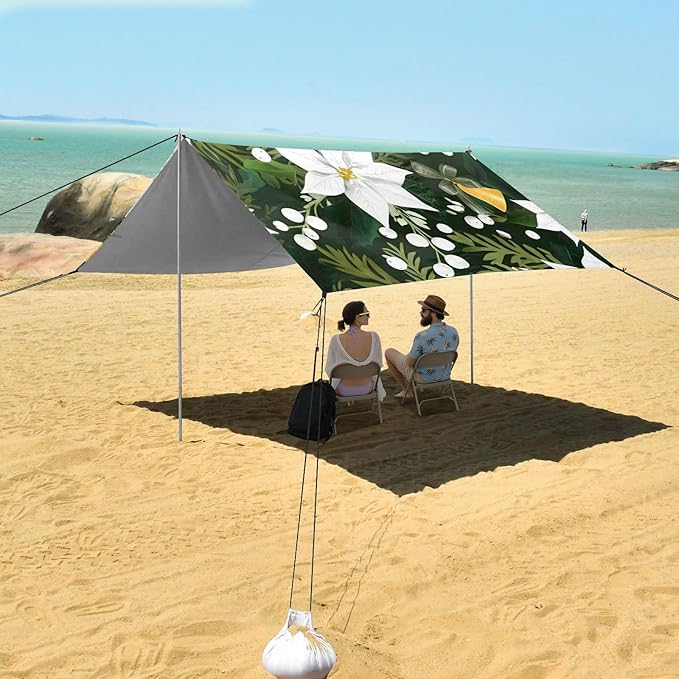 Beach Canopy with Windproof Ropes &amp Sandbags Beach Tent Sun Shade Sun Shelter for Camping Trips Fishing Backyard Fun or Picnics Flowers