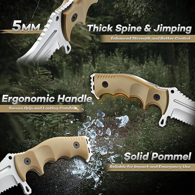 Freelander Outdoor Fixed Blade Knife Full Tang D2 Steel Survival Knife with Kydex Sheath Camping Bushcraft Knives with Ergonomic Handle