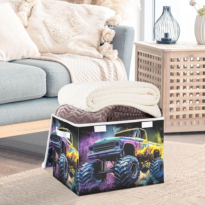 Watercolor Monster Truck Storage Cube Bins Basket with Lid Collapsible Flip-top Fabric with Handle for Home Bedroom Closet Office 16.5×12.6×11.8 in