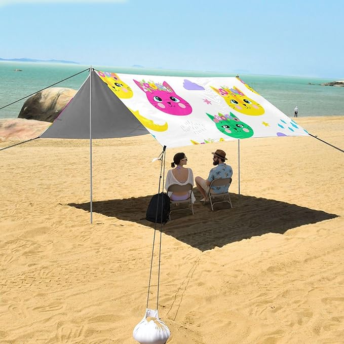 Cat Beach Canopy Sun Shelter with Sandbags &amp Sand Shovel &amp Windproof Ropes - Portable 110x126 Beach Shade Beach Tent for Camping Picnics