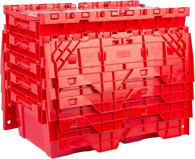 Hudson Exchange 19.6 x 11.6 x 7.3” (3.7 Gallon 5 Pack) Storage Tote Distribution Container with Hinged Attached Lid Red