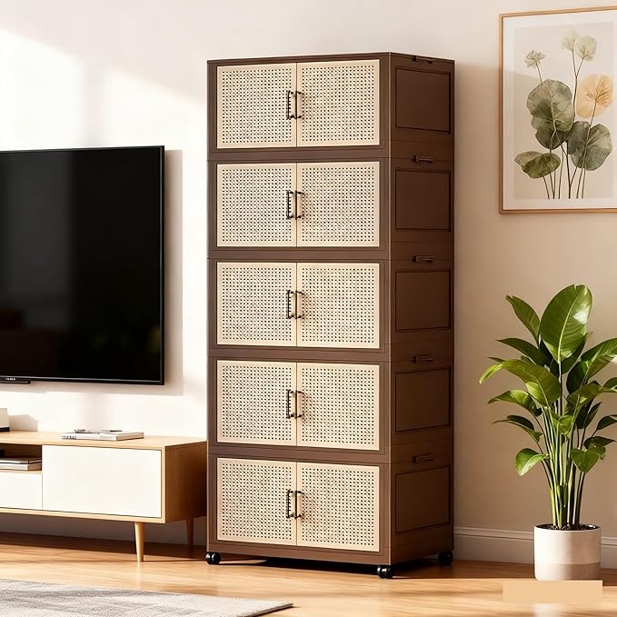 Plastic bins for storage Collapsible Closet Organizer with Wheels Extra Large Storage Cabinet Rolling Closet Organizers Container with Doors for Living RoomBedroomOffice(5 tier55x32x154.5cm)