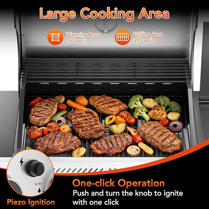 R.W.FLAME 4-Burner Propane Gas Grill 42000 BTU BBQ Grill with Side Burner Porcelain-Enameled Grates Stainless Steel Outdoor Grill for Backyard Patio Barbecue