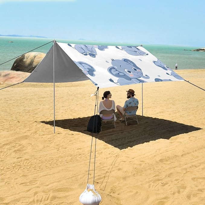 ALAZA Cute Elephant Cartoon Beach Tent Sun Shelter UPF50+ Protection Beach Shade Canopy w/ 4 Sandbags for Outdoor Camping Fishing Backyard Fun Picnic 10x9 ft