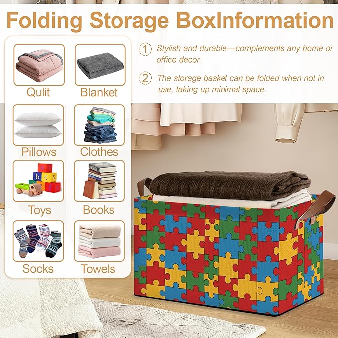 Jigsaw Storage Bins with Handles Collapsible Storage for Clothes Gift Basket Blankets &amp Closet Organization