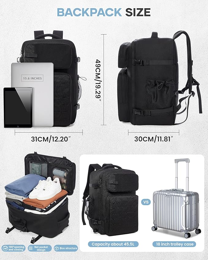 Vacuum Travel Tactical Backpack with Air Pump Carry on Flight Approved Personal item Large Tool Hiking Compression Gym Backpack Vacuum Seal Bags for Clothing Travel Women Men Mochila de Viaje Black