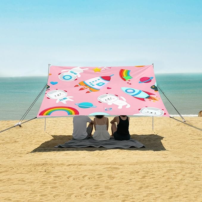 Beach Canopy with Windproof Ropes &amp Sandbags Beach Tent Sun Shade Sun Shelter for Camping Trips Fishing Backyard Fun or Picnics Astronaut Cats